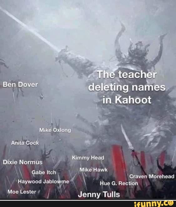 Mike
Dixie Normus
te
\ Gabe ch Havik Craven Morehead
Haywood Jablowme Hue G. Rection
Moe Lester
The teacher
deleting names
in Kahoot
Mike Havik
Jenny Tulls
