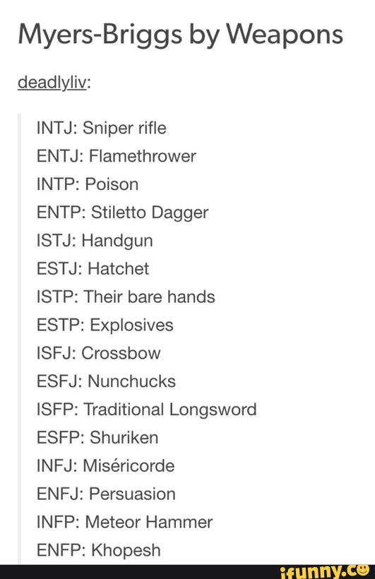 Myers Briggs By Weapons Deadlyliv Intj Sniper Rifle Entj Flamethrower Intp Poison Entp Stiletto Dagger Istj