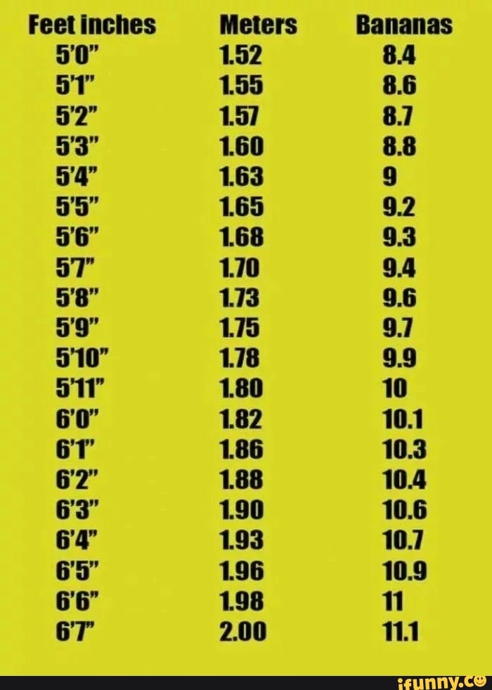 Feet Inches Meters Bananas 5'0" 1.52 8.4 5'3" 1.60 8.8 ...