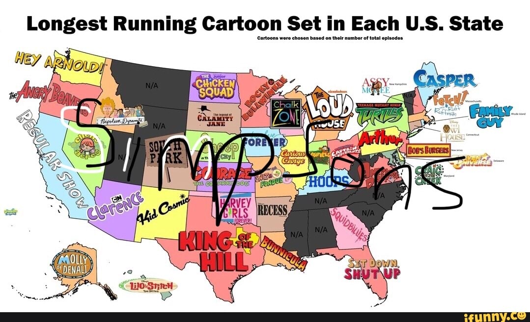 Longest Running Cartoon Set in Each U.S. State tholr number of total of