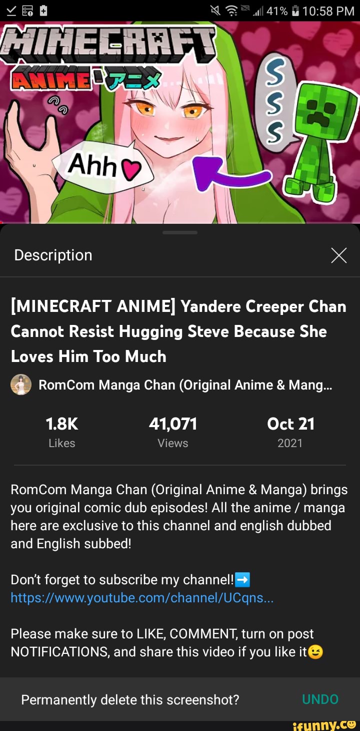 Vied ll 41% PM Description [MINECRAFT ANIME] Yandere Creeper Chan Cannot  Resist Hugging Steve Because