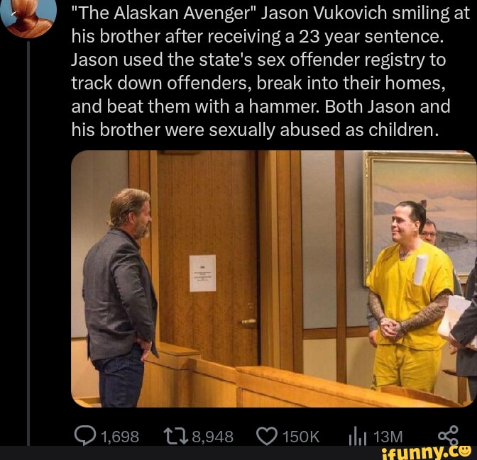 "The Alaskan Avenger" Jason Vukovich smiling at his brother after receiving a 23 year sentence