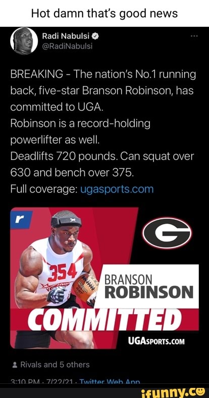 The nations No. 1 running back, Branson Robinson, commits to UGA - UGASports