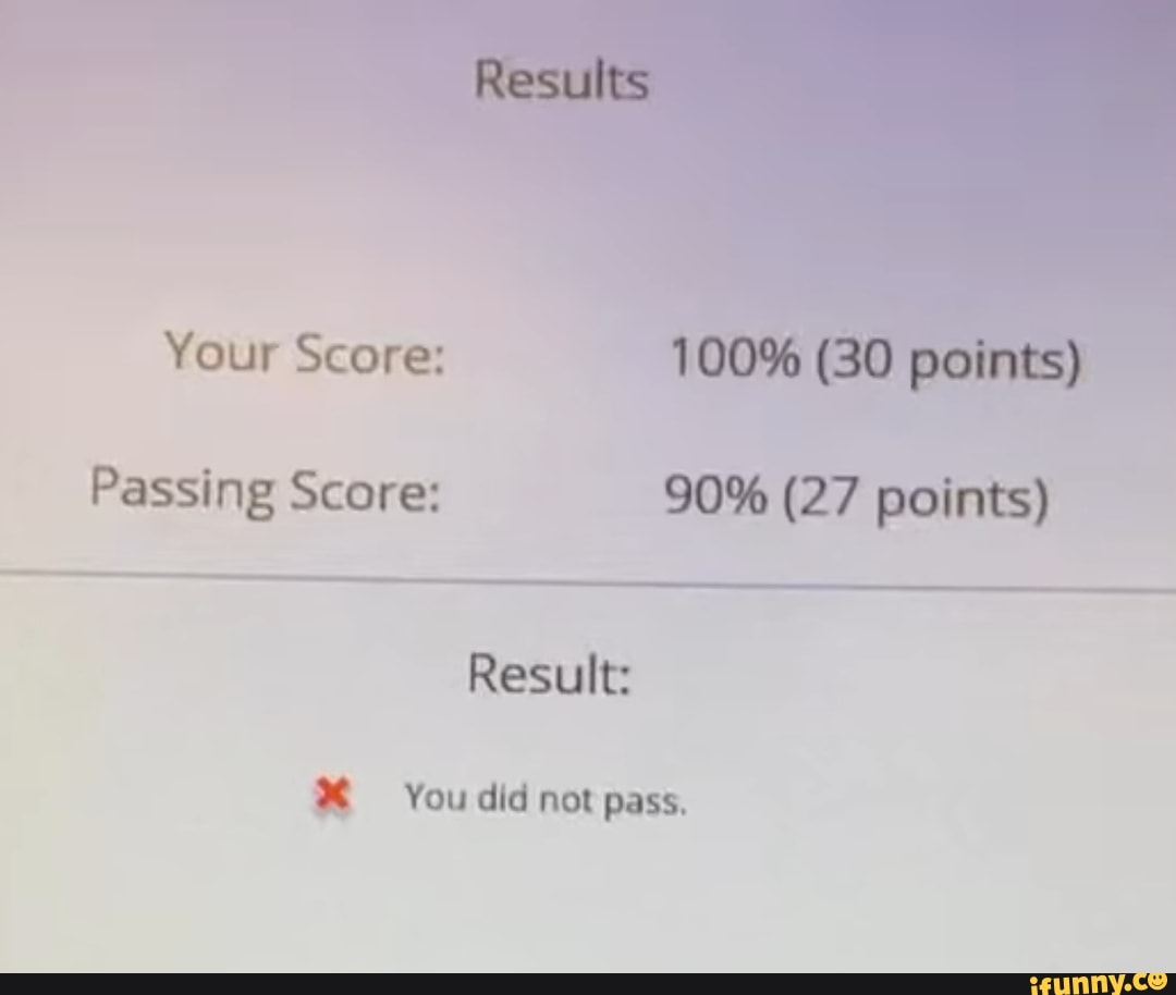 Results
Your Score: 100% (30 points)
Passing Score: 90% (27 points)
Result:
You did not pass.