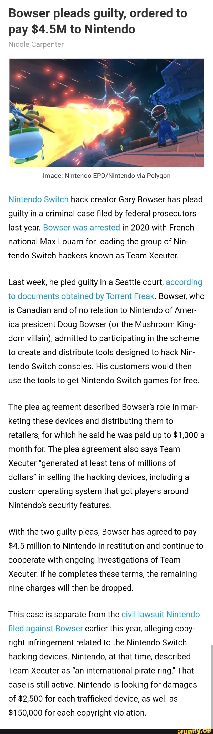 Bowser Pleads Guilty Ordered To Pay 45m To Nintendo Nicole Carpenter Image Nintendo Via 4221