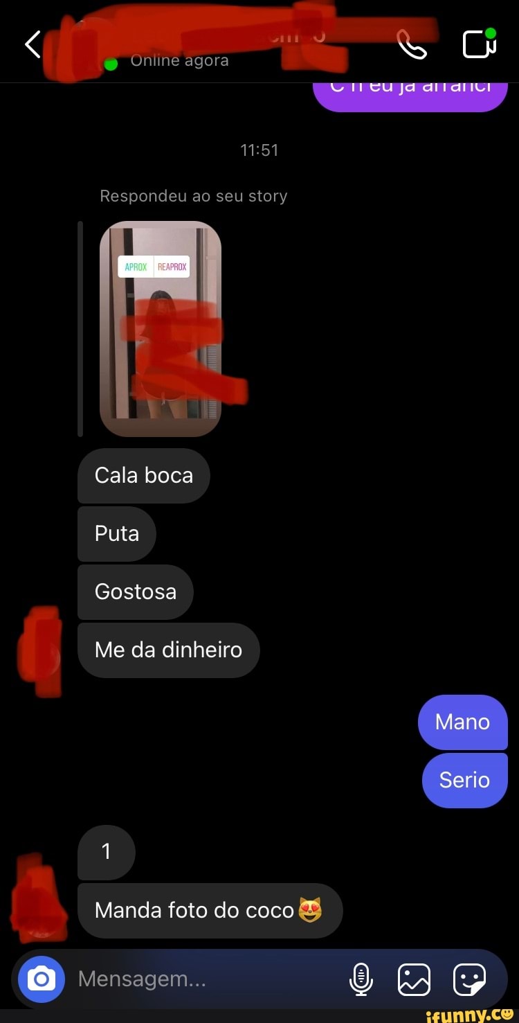 111) Online agora Respondeu ao seu story Cala boca Puta Gostosa Me da  dinheiro Mano Serio 1 Manda foto do coco Mensagem... - iFunny