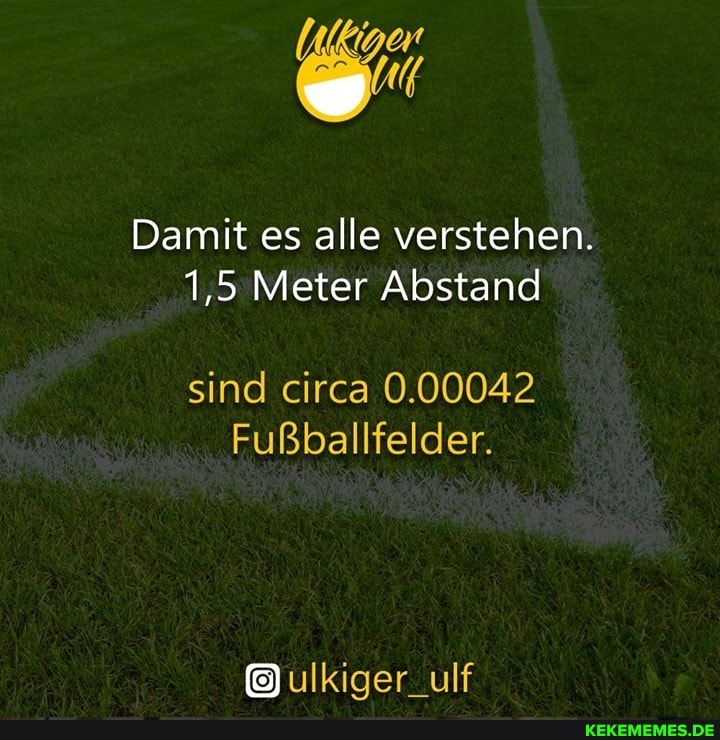 Damit es alle verstehen.
1,5 Meter Abstand
sind circa 0.00042
Fußballfelder.
ulf