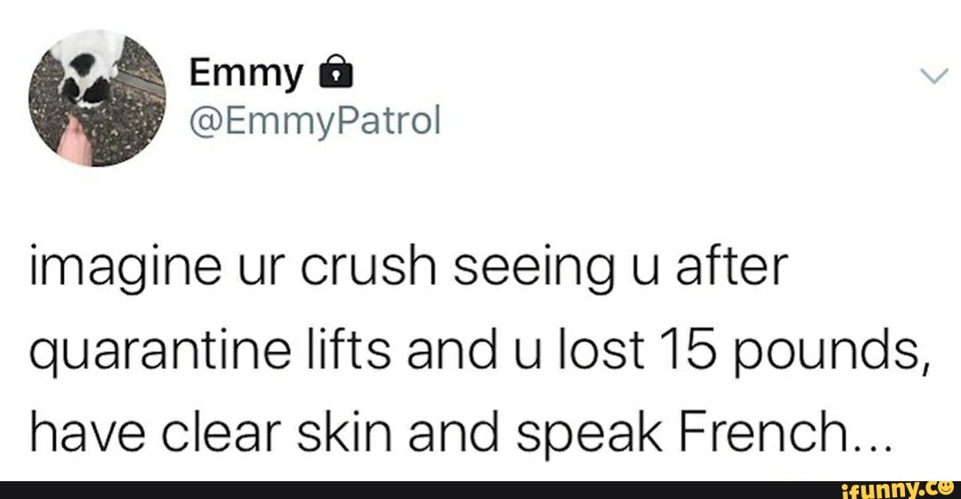 imagine ur crush seeing u after
quarantine lifts and u lost 15 pounds,
have clear skin and speak French...