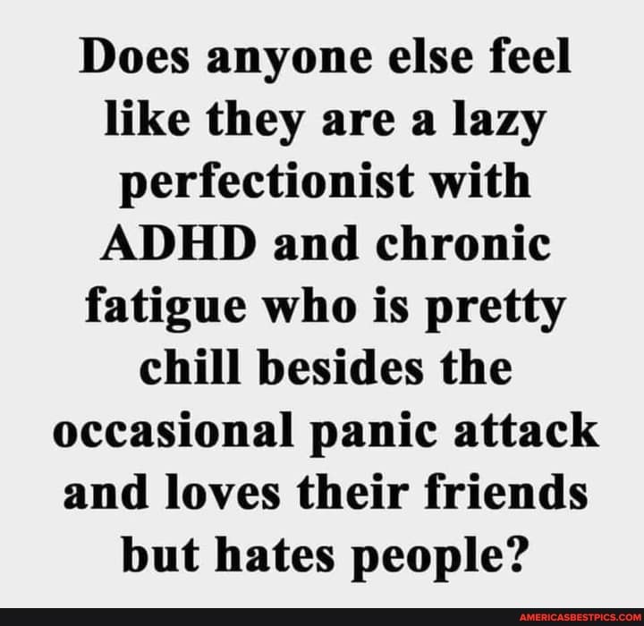 Does anyone else feel like they are a lazy perfectionist with
ADHD and chronic fatigue who is pretty chill besides the occasional panic attack and loves their friends but hates people?