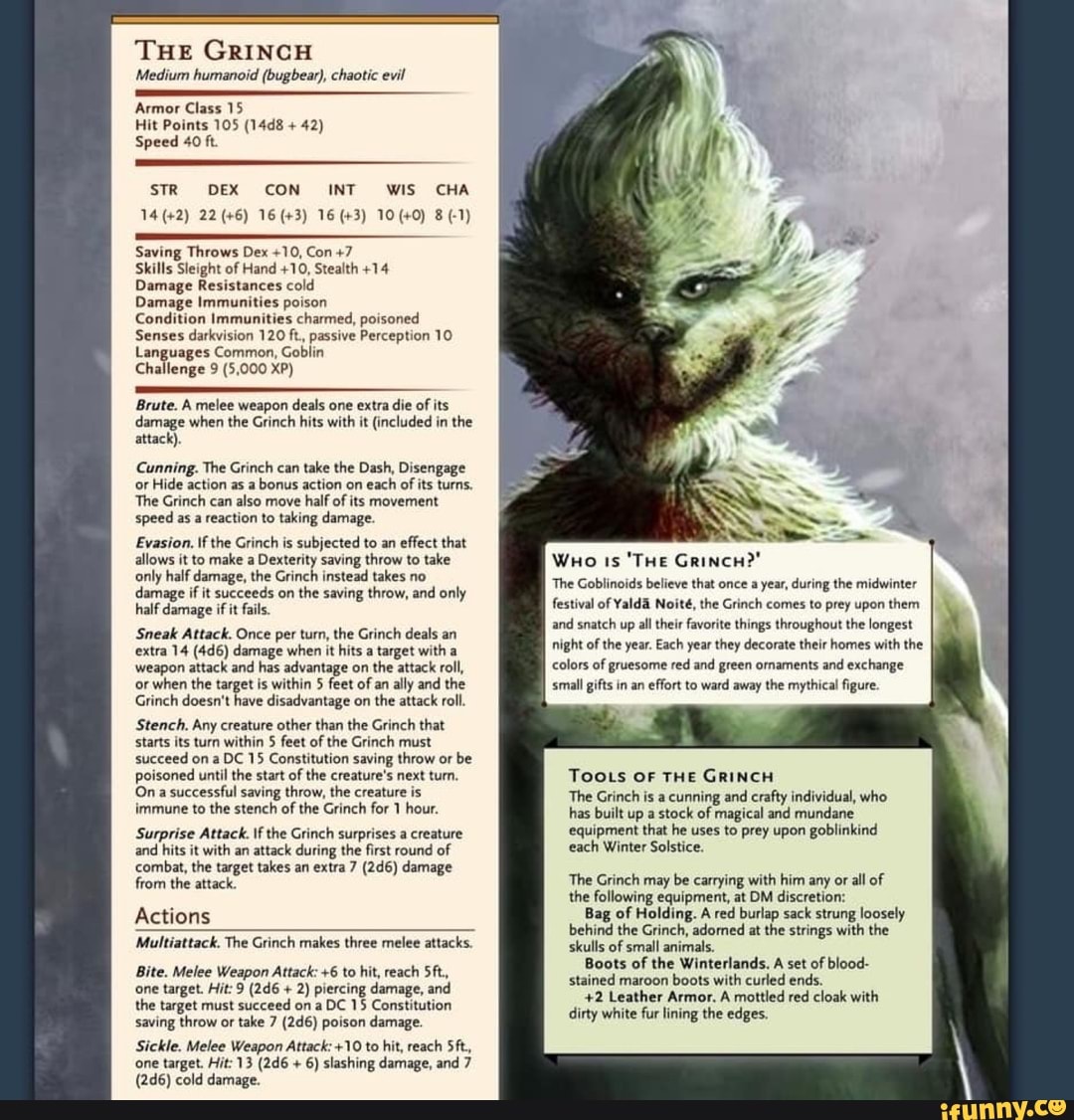 THE GRINCH Medium humanoid (bugbear), chaotic evil Armor Class 15 Hit Points 105 (14d8 Speed 40