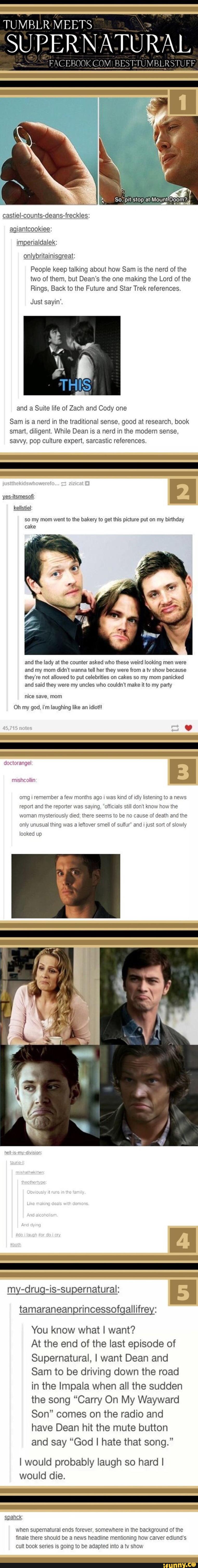 People keep talking about how Sam is the nerd of the
two of them. but Dean‘s the one making the Lord of the
Rings, Back to the Future and Star Trek references.
Just sayin'.