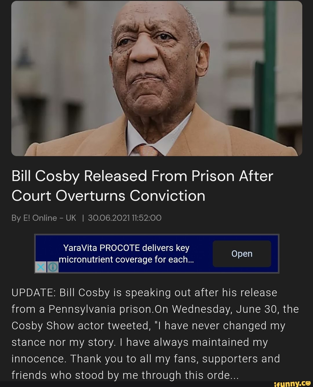 Bill Cosby Released From Prison After Court Overturns Conviction By E