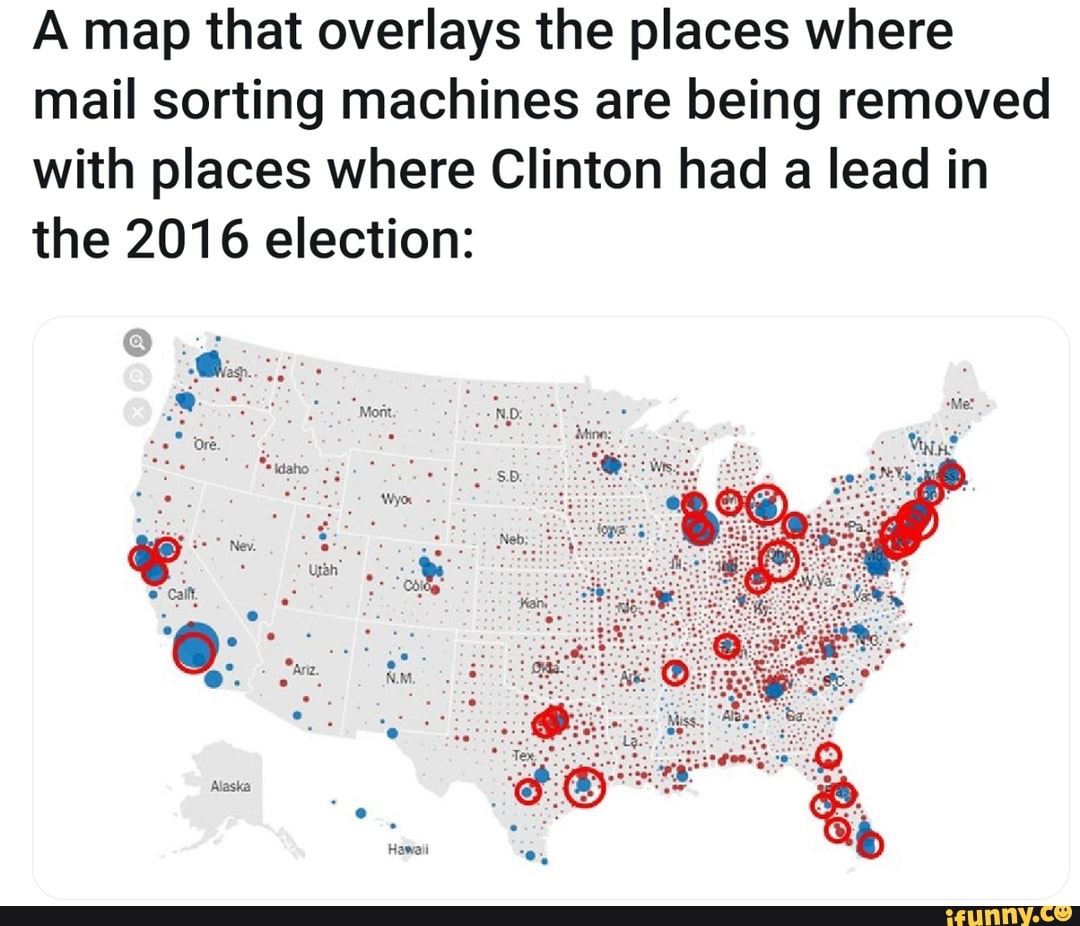 A map that overlays the places where mail sorting machines are being