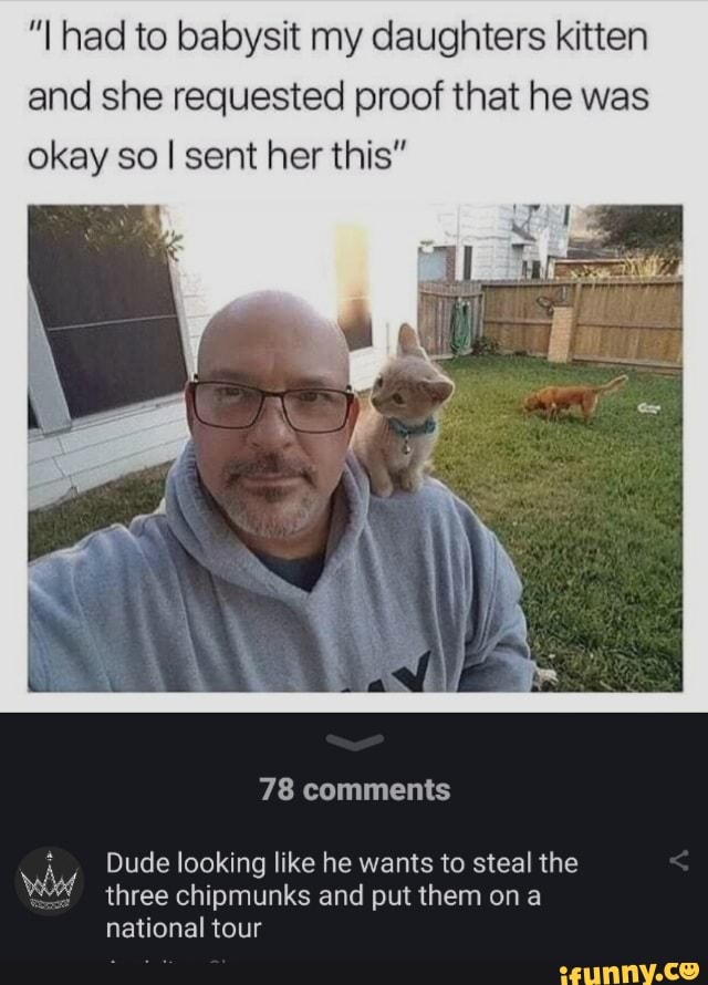 "I had to babysit my daughters kitten and she requested proof that he was okay so I sent her this"
78 comments
Dude looking like he wants to steal the three chipmunks and put them on national tour