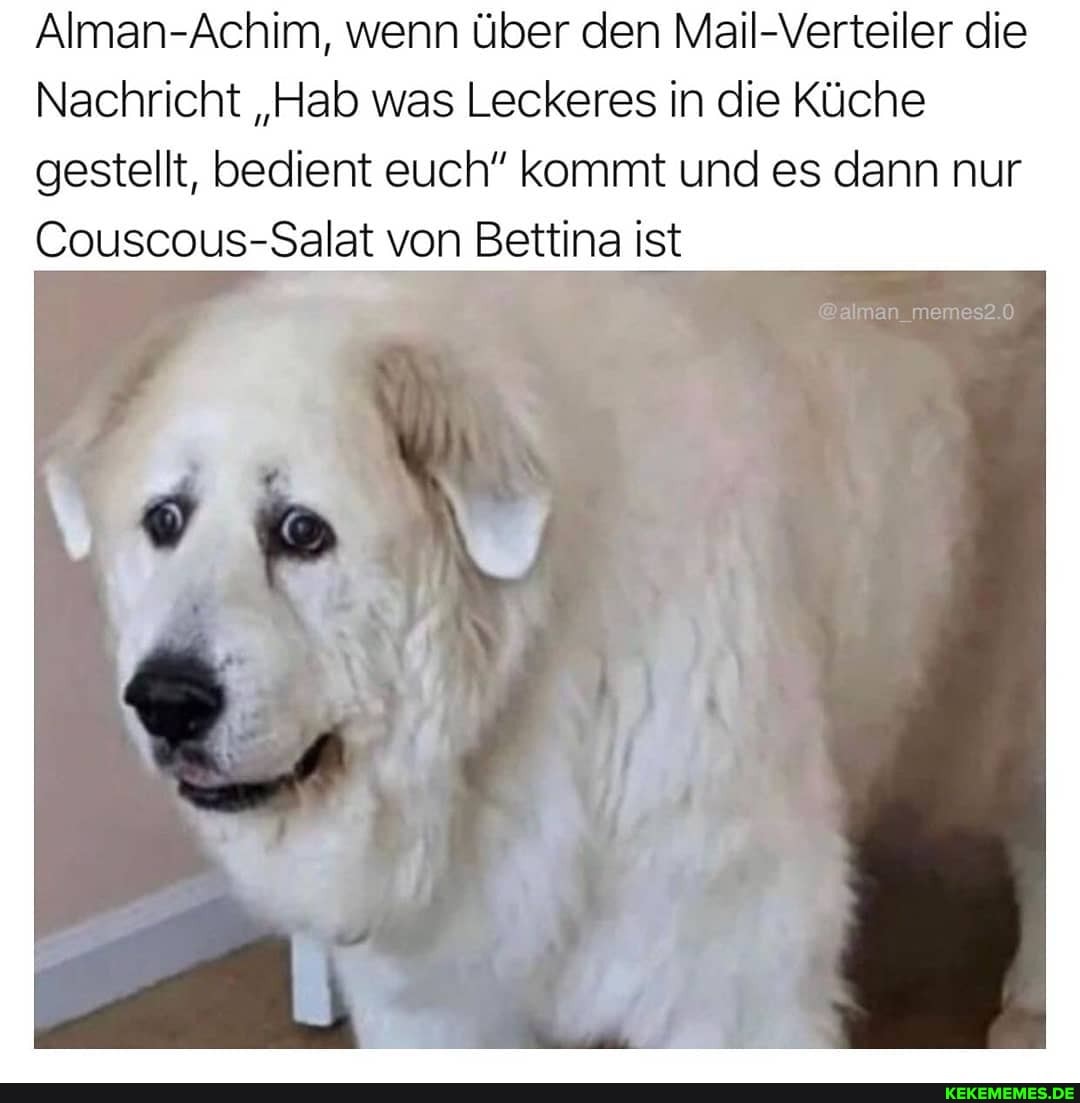Alman-Achim, wenn über den Mail-Verteiler die
Nachricht "Hab was Leckeres in die Küche gestellt, bedient euch" kommt und es dann nur
Couscous-Salat von Bettina ist