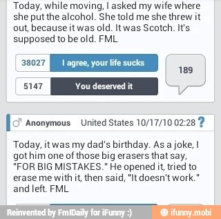 Today, while moving, I asked my wife where
she put the alcohol. She told me
she threw it
out, because it was
old. Itwas Scotch. lts
supposed to be old. FML
[5 anonymous united states 10/17/10 02:28 2
Today, itwas my dad's birthday. As a joke, I
gothim one of those big erasers
that say,
"FOR BIG MISTAKES." He opened it tried to
erase me with it then said, "It doesn't work."
and left. FML