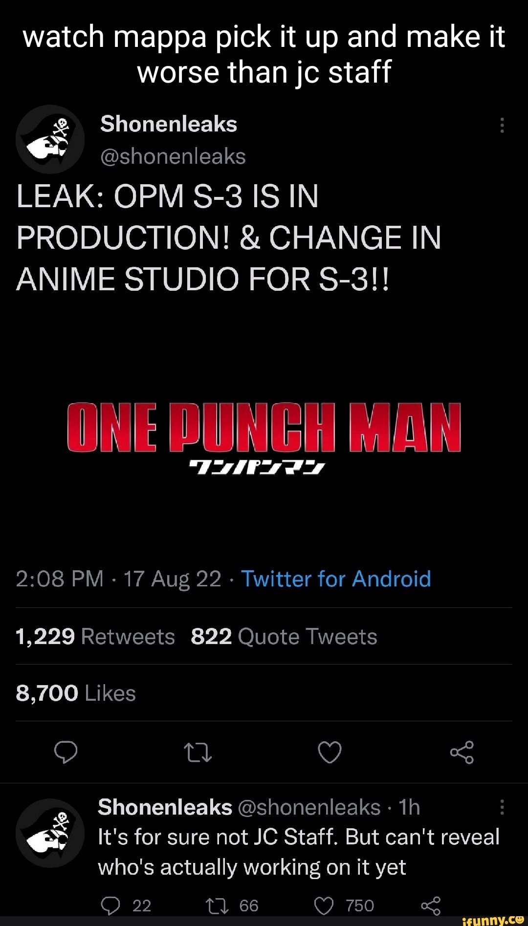 mappa animating one punch man season 3 leaks. they really be picking u