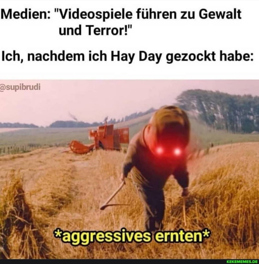 Medien: "Videospiele führen zu Gewalt und Terror!"
Ich, nachdem ich Hay Day gezockt habe:
Dsupibrudi
I h-
*aggressives ernten*