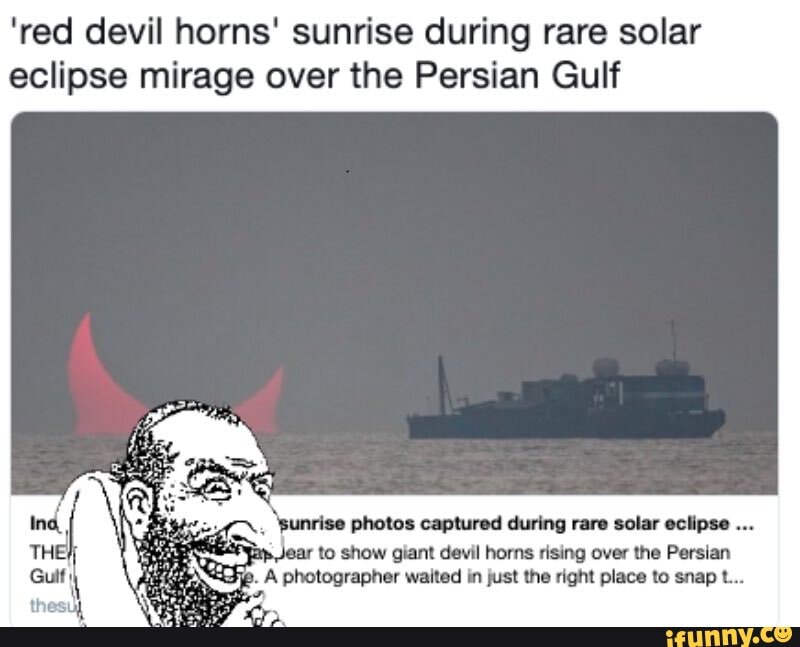 'red devil horns' sunrise during rare solar eclipse mirage over the