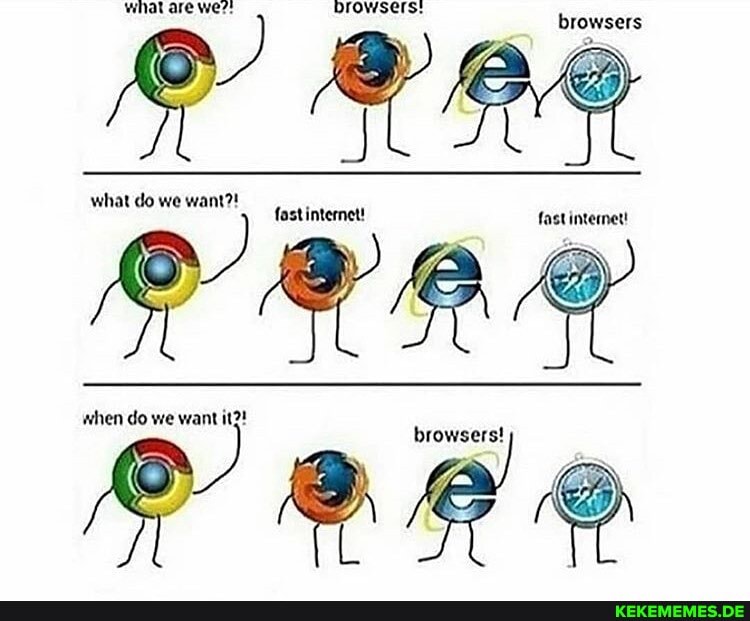 re we?! browsers: what are browsers
what do we want?! fastinternet! fast internet!
when do we want it?!