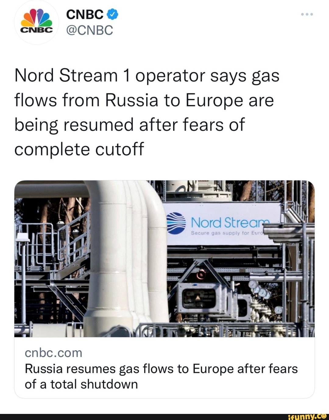 CNBC @CNBC Nord Stream 1 operator says gas flows from Russia to Europe ...