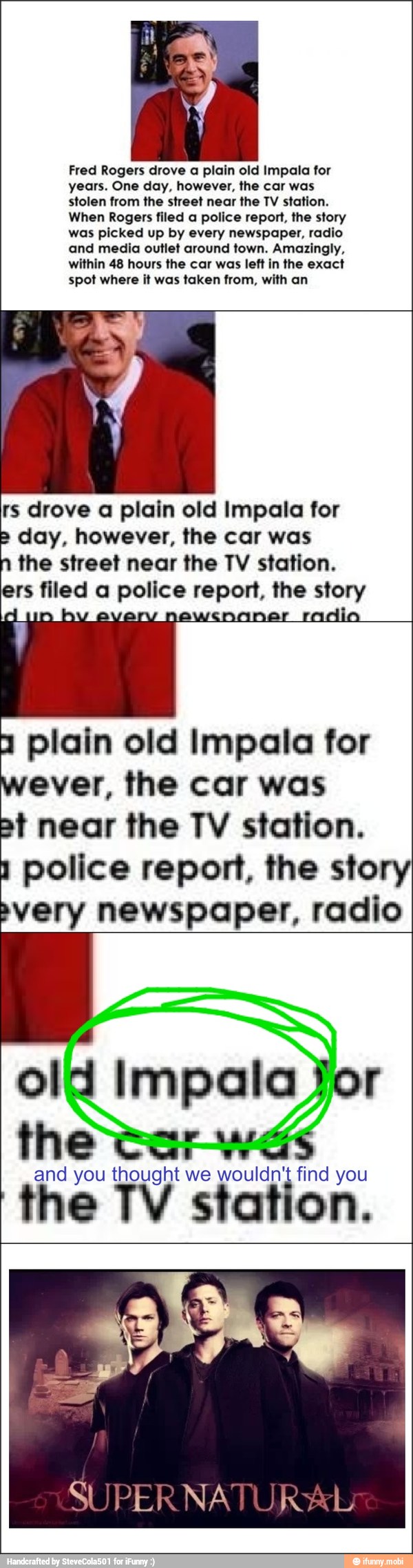 Fred Rogers drove a plain old Impala for
years. One day, however, the car was
stolen from the street near the TV station.
When Rogers filed a police report, the story
was picked up by every newspaper, radio
and media outlet around town. Amazingly,
within 48 hours the car was left in the exact
spot where it was taken from, with an
rs drove a plain old Impala for
day, however, the car was
the street near the TV station.
Cis mes a aaron dad he story
1
plain old Impala for
ever, the car was
et near the TV station.