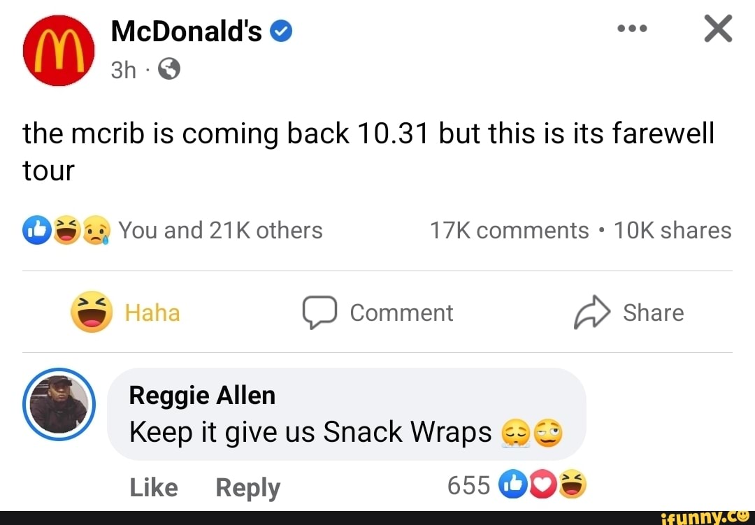 McDonald's XK the mcrib is coming back 10.31 but this is its farewell
