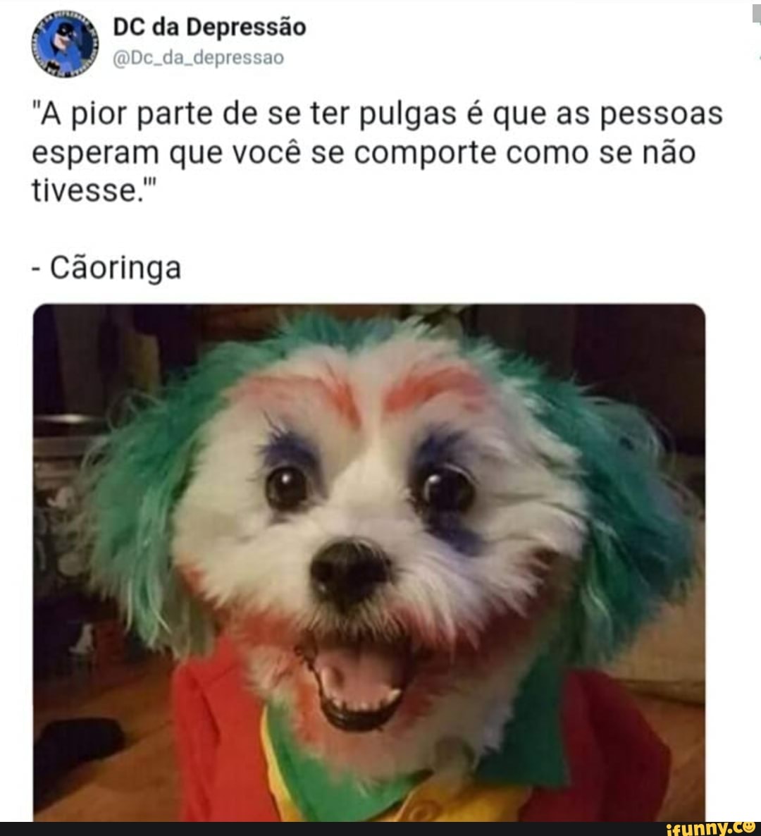 DC da Depressão mDc. da depressao
"A pior parte de se ter pulgas é que as pessoas esperam que você se comporte como se não tivesse."
- Cãoringa