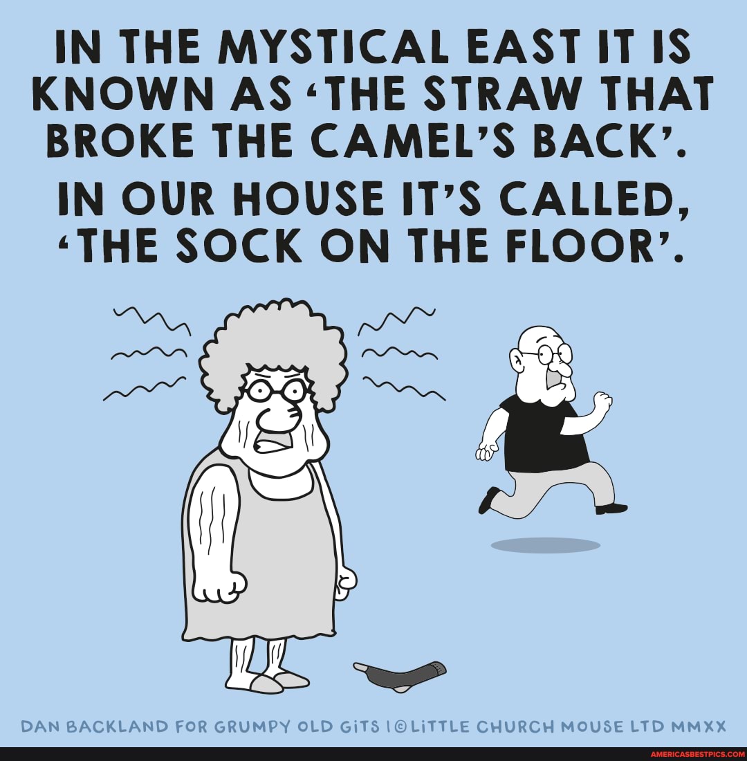 IN THE MYSTICAL EAST IT IS KNOWN AS 'THE STRAW THAT BROKE THE CAMEL'S BACK'.
IN OUR HOUSE IT'S CALLED,
'THE SOCK ON THE FLOOR'.
DAN BACKLAND FOR GRUMPY OLD GiTS CHURCH MOUSE LTD MMXX