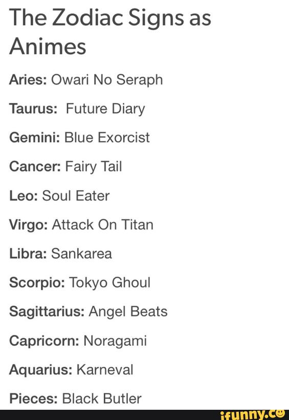 The Zodiac Signs As Animes Aries Owari No Seraph Taurus Future Diary Gemini Blue Exorcist Cancer