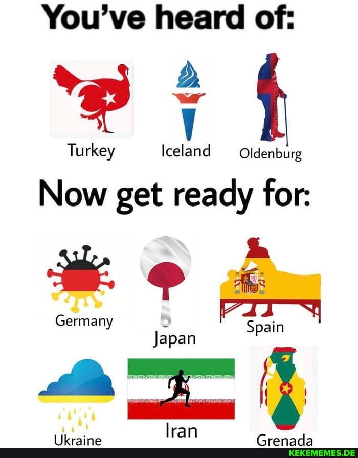 You've heard of:
Turkey Iceland Oldenburg
Now get ready for:
Germany Japan Spain
Japan
lran