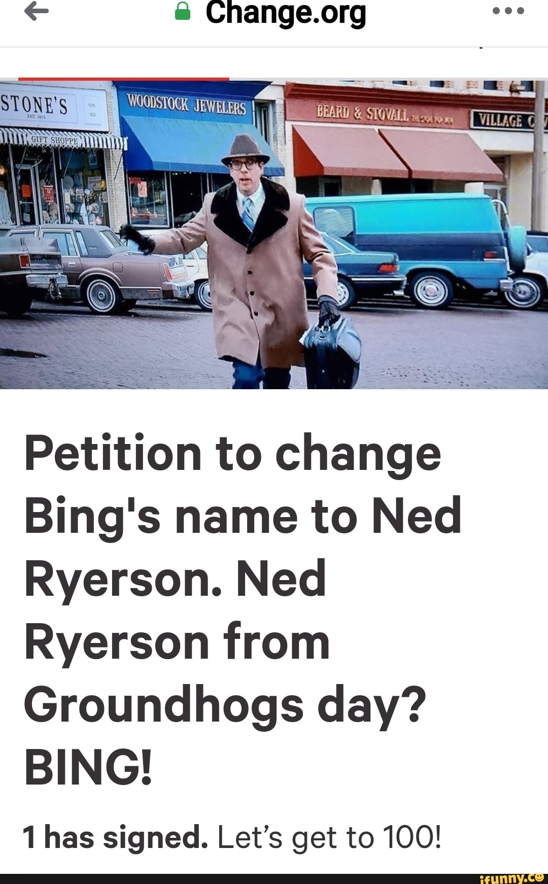 Petition to change Bing's name to Ned Ryerson. Ned Ryerson from