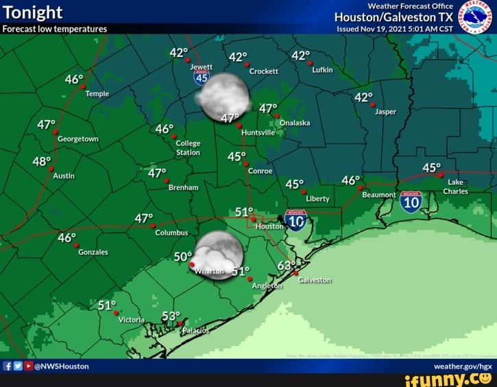 Tonight Forecast low temperatures Temple Austin Gonzales