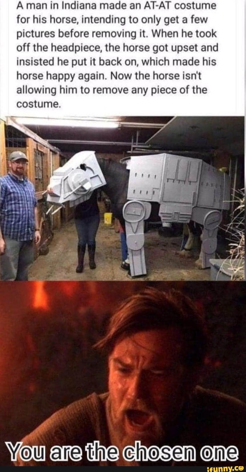 A man in Indiana made an AT-AT costume
for his horse, intending to only get a few
pictures before removing it. When he took
off the headpiece, the horse got upset and
insisted he put it back on, which made his
horse happy again. Now the horse isn't
allowing him to remove any piece of the
costume.
You ere ne chosen one
