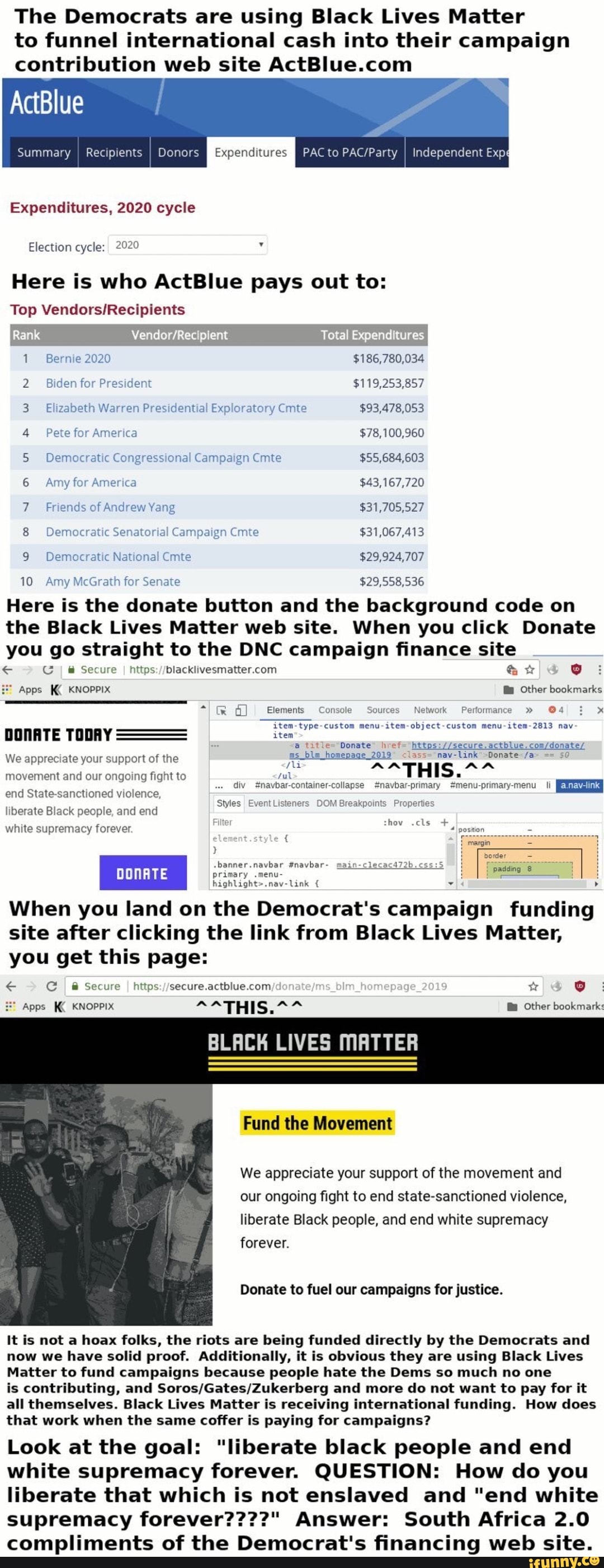 The Democrats are using Black Lives Matter
to funnel international cash into their campaign
contribution web site ActBlue.com
I
a
Summary
I Recipients
I Donors [aieaateliatdaa PAC to PAC/Party
I Independent Expq
Expenditures, 2020 cycle
Y Election cycle: 2020
Here is who ActBlue pays out to:
Top Vendors/Recipients
1 Bernie 2020 $186,780,034
2 Biden for President $119,253,857
3 Elizabeth Warren Presidential Exploratory Cmte $93,478,053
4 Pete for America $78,100,960
5 Democratic Congressional Campaign Cmte $55,684,603
6 Amy for America $43,167,720
7 Friends of Andrew Yang $31,705,527
8 Democratic Senatorial Campais $31,067,413
9 Democratic National Cmte $29,924,707
10 Amy McGrath for Senate $29,558,536
Here is the donate button and the background code on
the Black Lives Matter web site. When you click Donate
you go straight to the DNC campaign finance site
I Secure
I https://blacklivesmatter.com + o
=" Apps KK KNOPPIX in Other bookmarks
"kg Elements Console Sources Network Performance @4 x
DONATE TODAY item-type-custom menu-item-object-custom menu-item-2813 nav
ites
a title="Donate' href="https://secure.actblue.com/donate/
We'appreciate your supportof the ms ble homepage 2019' class="nav-Link -Donate-/a> ==
50
movement and our ongoing fight to sul div #navbar-container-collapse #navbar-primary #menu-primary-menu li
end State-sanctioned violence,
E Styles Event Liste ners DOMBreakpoints Properties
liberate Black people, and end
Fite! ihov .cls white supremacy forever.
i
[border
"banner.navbar fnavbar- main-clecac472b.css:5 i i padding 8 1
primary .menu- I
When you land on the Democrat's campaign funding
site after clicking the link from Black Lives Matter,
you get this page:
I Secure I https://secure.actblue.com, Y o
E HIS: Ba Other bookmark:
BLACK LIVES MATTER
Apps Kí KNOPPIX
Fund the Movement
We appreciate your support of the movement and
our ongoing fight to end state-sanctioned violence,