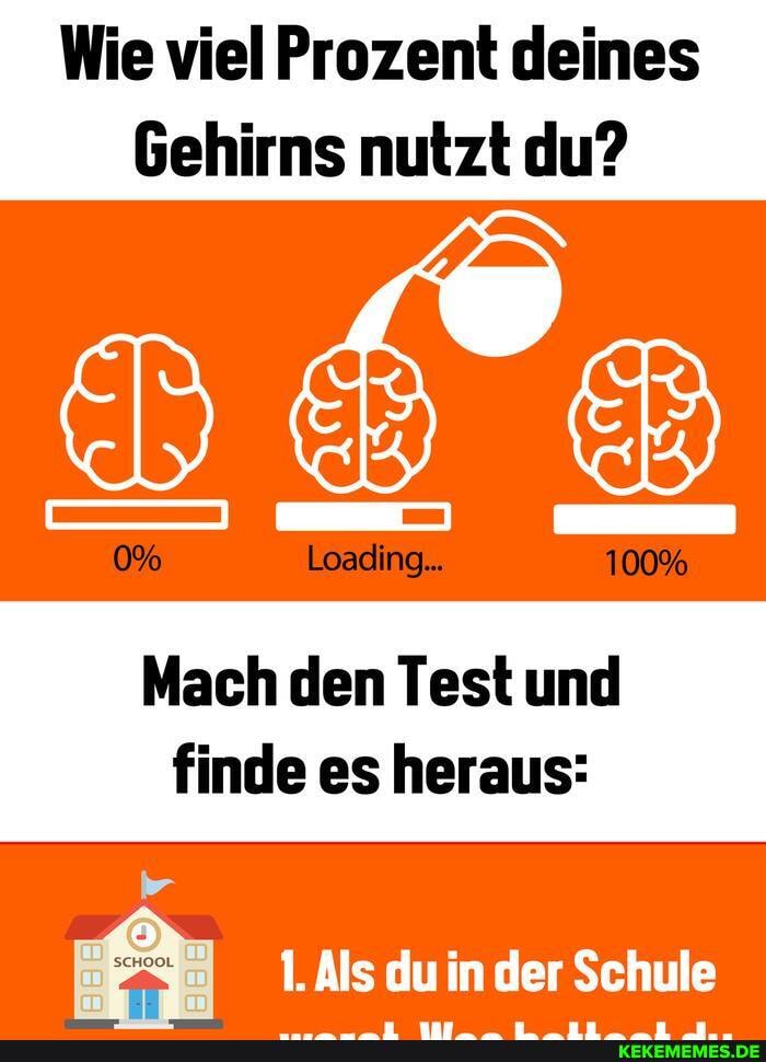 Wie viel Prozent deines
Gehirns nutzt du?
0% Loading... 100%
Mach den Test und finde es heraus:
1. Als du in der Schule
SCHOOL