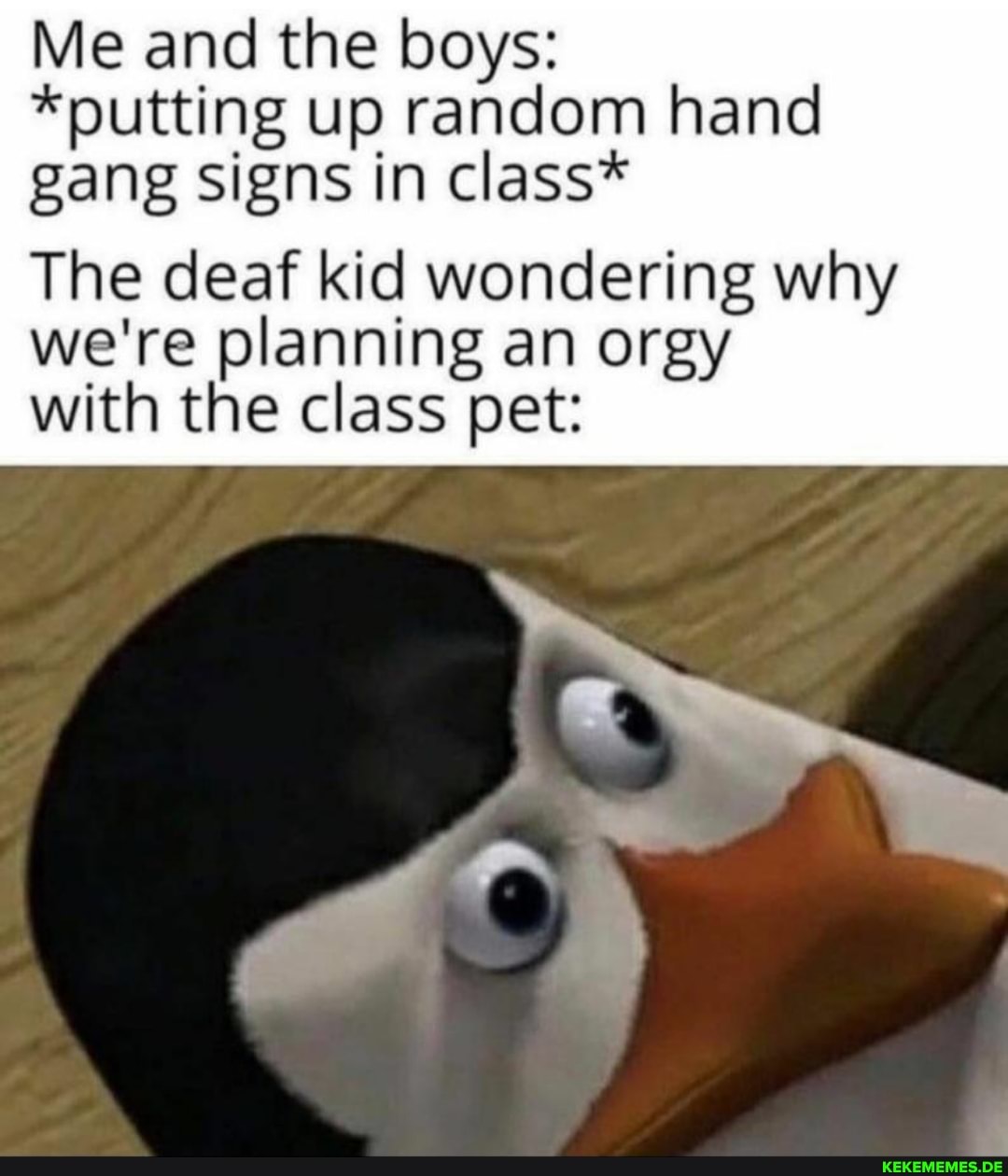 Me and the boys:
*putting up random hand gang signs in class*
The deaf kid wondering why we're planning an orgy with the class pet: