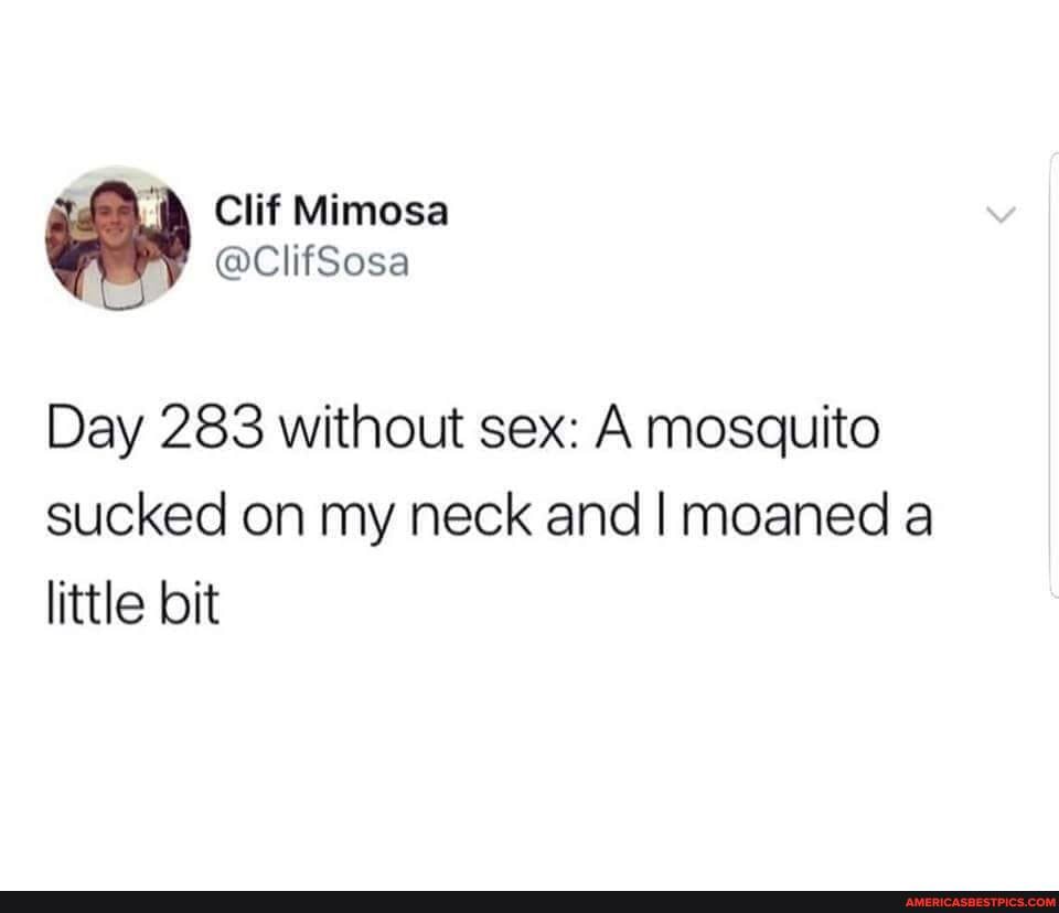 Clif Mimosa
@ClifSosa
Day 283 without sex: A mosquito
sucked on my neck and I moaned a little bit