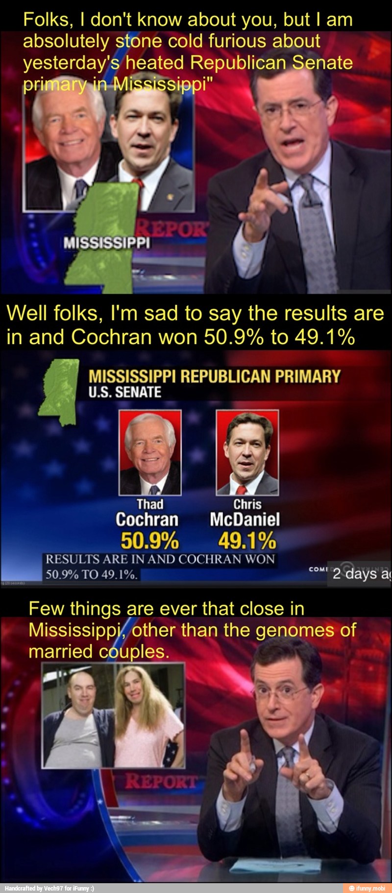 Folks, I don't know about you, but I am
absolutely stone cold furious about
yesterday heated Republican Senate
Well folks, I'm sad to say the results are
in and Cochran won 50.9% to 49.1%
g MISSISSIPPI REPUBLICAN PRIMARY
U.S. SENATE
Chris
Cochran McDaniel
RESULTS ARE IN AND COCHRAN WON
Few things are ever that close in
Mississippi other than the genomes of
married couples.