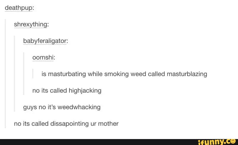 deathpup:
shrexything:
babyferaligator:
oomshi:
is masturbating while smoking weed called masturblazing
no its called highjacking
guys no it’s weedwhacking
no its calied dissapointing ur mother