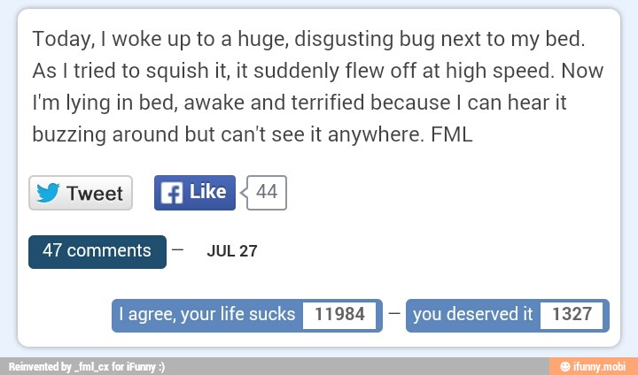 Today, I woke up to a huge, disgusting bug next to my bed.
As I tried to squish it, it suddenly flew off at high speed. Now
I'm lying in bed, awake and terrified because I can hear it
buzzing around but can't see it anywhere. FML