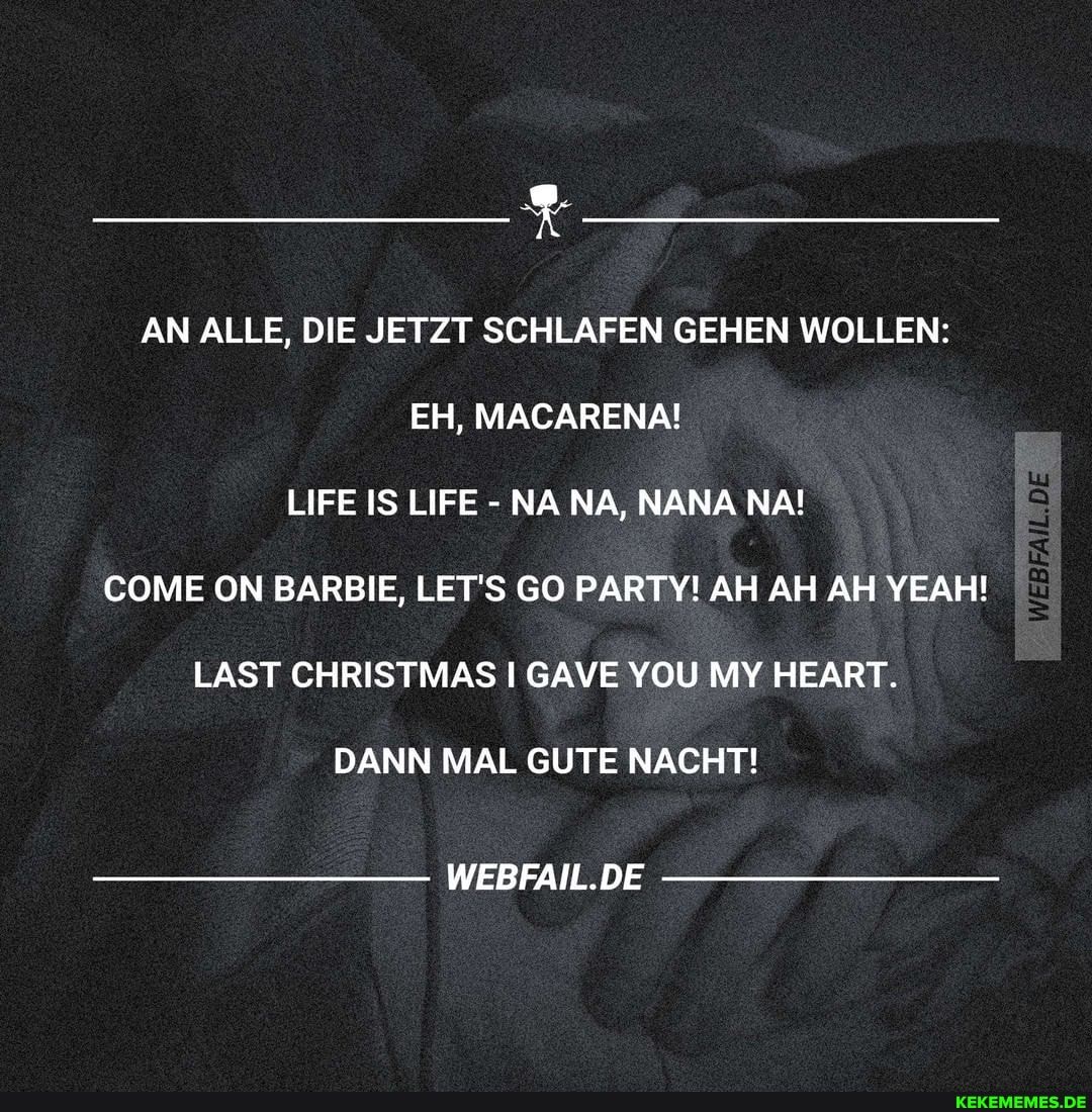 AN ALLE, DIE JETZT SCHLAFEN GEHEN WOLLEN:
EH, MACARENA!
LIFE IS LIFE NA NA, NANA NA!
COME ON BARBIE, LET'S GO PARTY! AH AH AH YEAH!
LAST CHRISTMAS GAVE YOU MY HEART.
DANN MAL GUTE NACHT!
WEBFAIL.DE