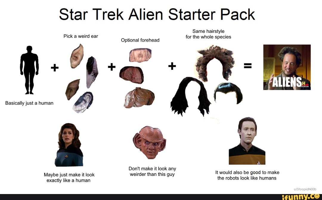 Star Trek Alien Starter Pack
Same hairstyle
Pick a weird ear
Optional forehead for the whole species
Basically just a human 4)
Don't make it look any
Maybe just make it look weirder than this guy exactly like a human
It would also be good to make the robots look like humans