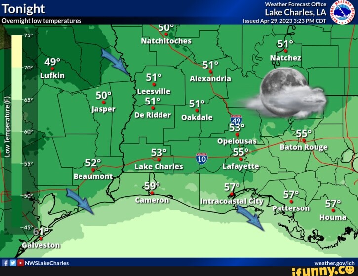 'Weather Forecast Office Tonight Lake Charles, LA Overnight low temperatures Apr 29, 2023 PM CDT