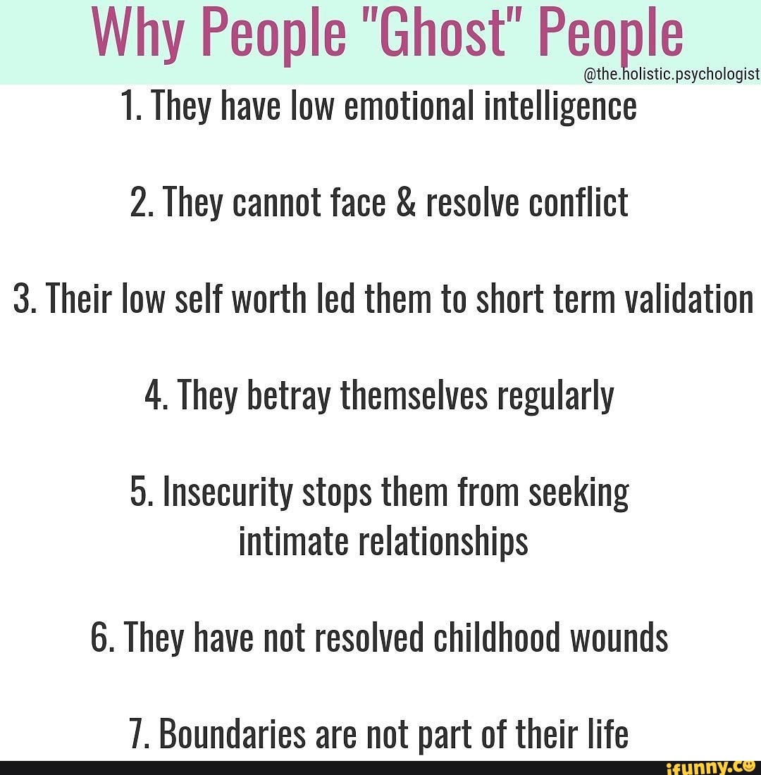 Why People "Ghost" PeoBIe
©the. listic.psychologist
1. They have low emotional intelligence
2. They cannot face & resolve conflict
3. Their low self worth led them to short term validation
4. They betray themselves regularly
5. Insecurity stops them from seeking
intimate relationships
6. They have not resolved childhood wounds
7. Boundaries are not part of their life