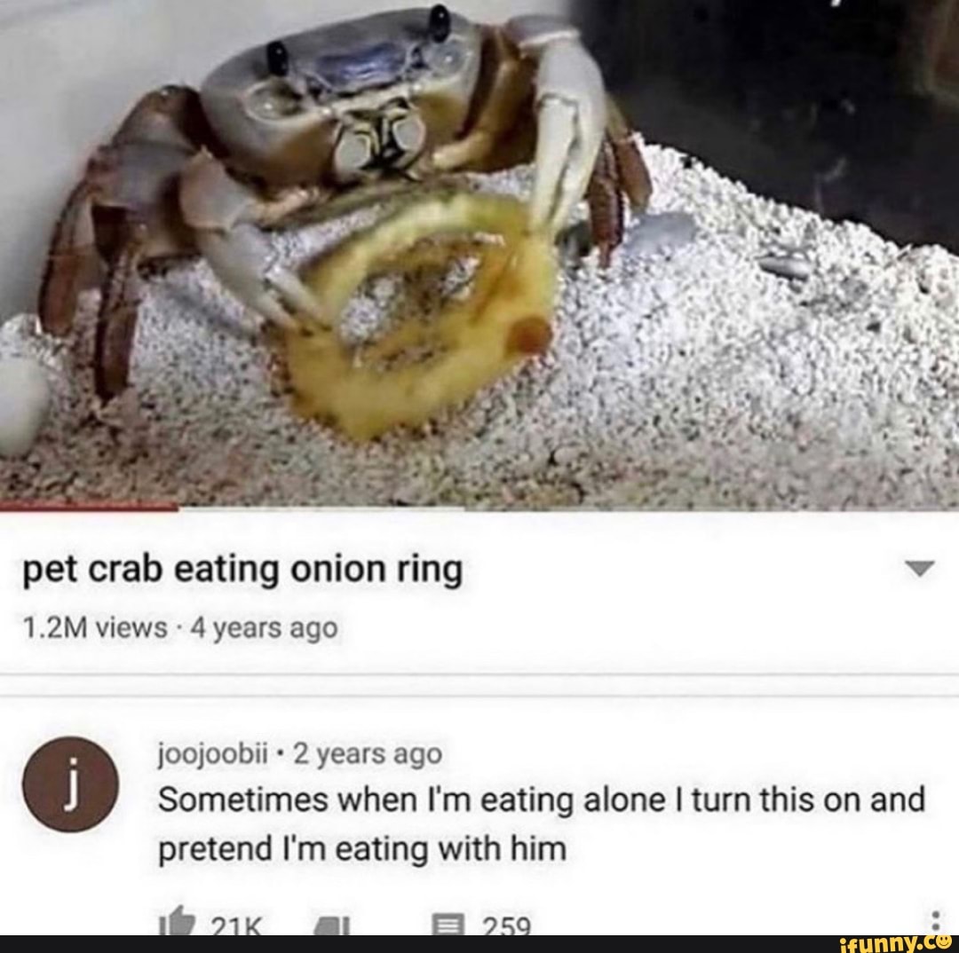 pet crab eating onion ring o
1.2M views 4
joojoobii 2 years ago
Sometimes when I'm eating alone I turn this on and
pretend I'm eating with him