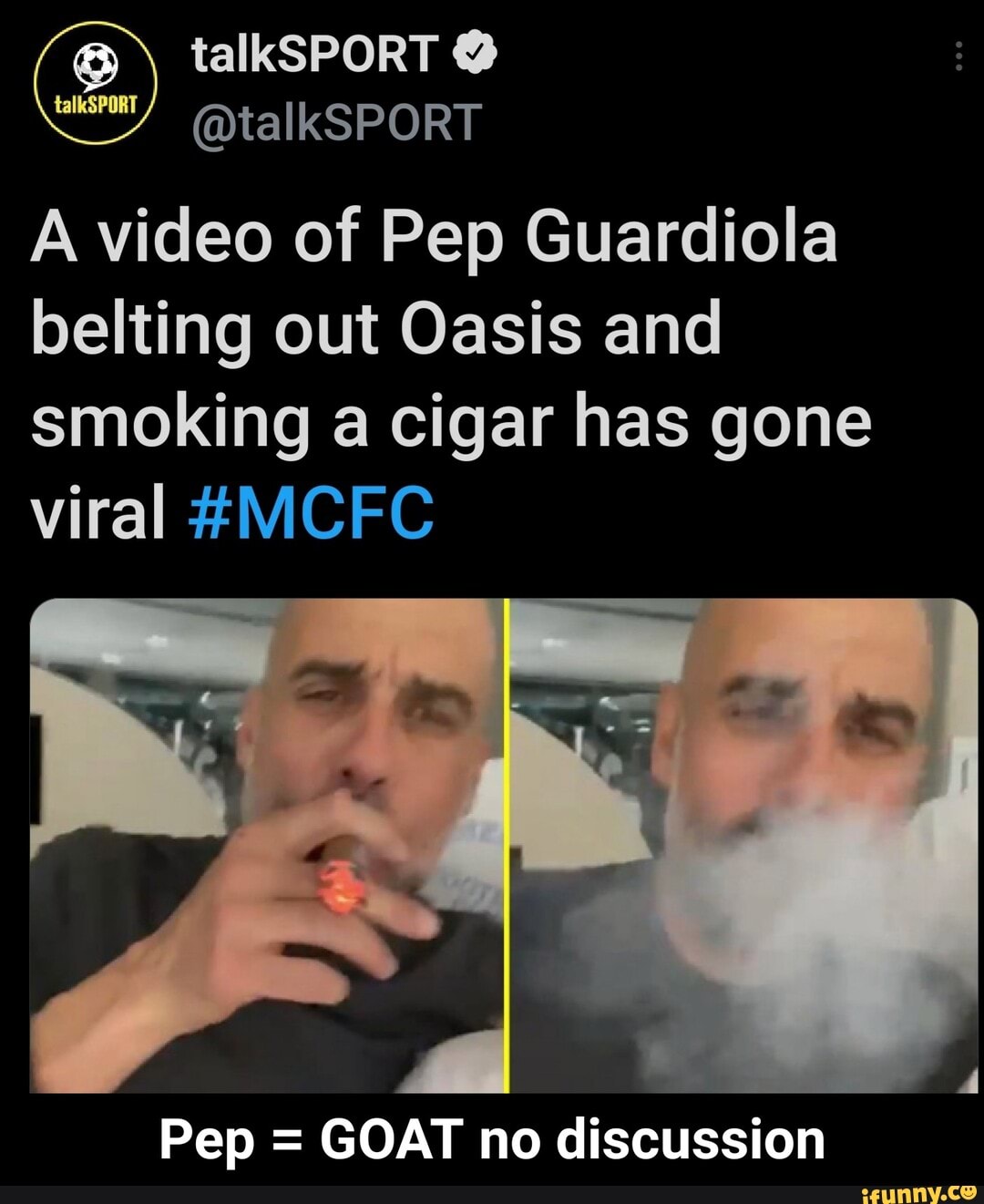 talkSPORT
@talkSPORT
A video of Pep Guardiola belting out Oasis and smoking a cigar has gone viral
Pep = GOAT no discussion - Pep = GOAT no discussion