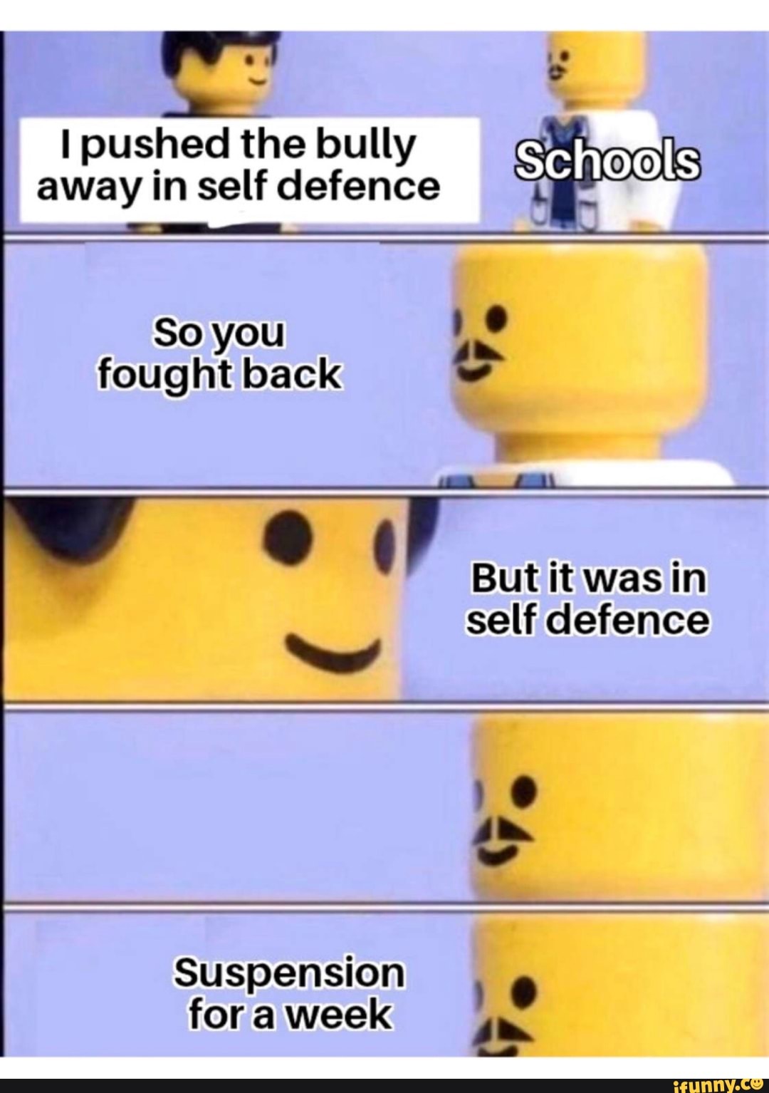 hed the bull
I pushed the bully q
I
away in self defence
Schools
So you
10
fought back
e
But it was in
self defence
Suspension
for a week