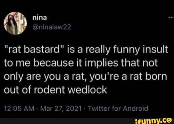 "rat bastard" is a really funny insult to me because it implies that not only are you a rat, you're a rat born out of rodent wedlock
AM Mar 27, 2021 - Twitter for Android