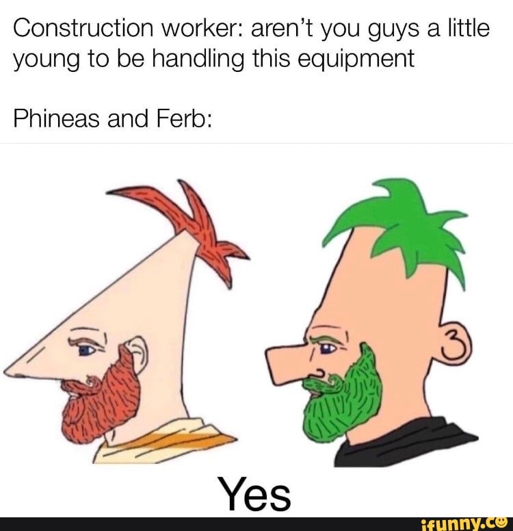 Construction worker: aren't you guys a little young to be handling this equipment
Phineas and Ferb: